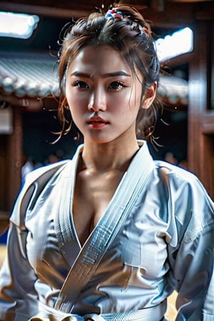 (+18) ,A sexy female judo player ,judo 🥋 uniform,The Judogi is the formal Japanese name for the traditional uniform used for Judo practice and competition ,ultra detailed face, symmetrical eyes, soft face, Long Cleavage, Open front judogi jacket,tired and happy,Side boob ,((view from below, looking upwards))), Full body shot,Far away shot ,Insanely detailed portrait of a Intricate Photography, A Masterpiece, 8k Resolution Artstation, Unreal Engine 5, Cgsociety, Octane Photograph, sharp focus ,,more detail XLRAW photo, 8k uhd, high quality, big lips,m4d4m, hourglass body shape, ,,,