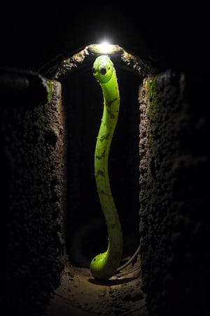 A slimy creature mixed with cobra snake with bio-luminescence hairs, moves through the moldy surface of a New York sewer line at summer season, emitting electrical charges. Dimmed lights.