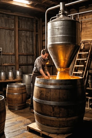 Create a detailed and evocative illustration that captures the traditional process of making whiskey. The scene should progress from left to right, set in a classic distillery surrounded by scenic landscapes, such as the rolling hills of Scotland or the lush fields of Kentucky. Each stage should highlight the craftsmanship and rich heritage of whiskey production:

1. **Milling the Grain:** Begin with a scene in a grain mill where the selected grains (barley, corn, rye, or wheat) are being ground into coarse flour called 'grist'. Show large bags or barrels of grains being fed into a traditional stone or roller mill. Highlight the texture of the grains and the rhythmic process of grinding.

2. **Mashing:** Illustrate the ground grist being mixed with hot water in large, open 'mash tuns'. Show workers stirring the mixture to convert the starches into fermentable sugars, creating a thick, porridge-like 'mash'. Include the steam rising and the rich, warm colors of the brewing mixture.

3. **Fermentation:** Depict the mash being transferred to tall, wooden or stainless steel fermenters called 'washbacks'. Show the addition of yeast to the mash, initiating fermentation. Illustrate the bubbling and frothing as the yeast converts the sugars into alcohol over several days. Include the aroma wafting through the air and the active, effervescent surface of the fermenting liquid.

4. **Distillation:** Visualize the fermented 'wash' being distilled in traditional copper pot stills or column stills. Show the intricate shape and gleam of the stills as the wash is heated and the alcohol vapor rises through the neck of the still, condensing into liquid form. Highlight the rich, golden color of the distillate as it flows into collection vats.

5. **Aging in Barrels:** Transition to a scene in a dimly lit aging warehouse or 'rickhouse'. Illustrate rows of oak barrels filled with the distilled spirit, stacked high on wooden racks. Show the barrels labeled with dates and details, aging for years to develop the whiskey's character and flavor. Capture the ambient light filtering through, the cool, damp atmosphere, and the aroma of aged wood and spirit.

6. **Blending and Bottling:** Depict the process of blending different barrels to achieve the desired flavor profile. Show a master blender tasting samples, mixing and assessing the whiskey’s characteristics. Next, illustrate the whiskey being carefully filtered and bottled, with workers filling, sealing, and labeling the bottles with care. Highlight the clarity and deep amber hues of the final product.

7. **Tasting and Enjoying:** Conclude with an inviting scene of whiskey being enjoyed in a cozy setting. Show a group of people in a rustic tasting room or an outdoor patio overlooking the distillery. Include elements like whiskey glasses, tasting notes, and maybe a fireplace or a scenic view. Emphasize the rich, golden glow of the whiskey in the glass and the satisfaction of the tasting experience.

Use warm, earthy tones and detailed textures to bring each stage to life, from the grain milling to the amber liquid in the glass. Each stage should be clearly labeled to guide the viewer through the artisanal and time-honored process of whiskey making.
This prompt should provide a vivid and engaging depiction of the traditional whiskey-making process, highlighting both the technical steps and the rich, sensory experience of whiskey.