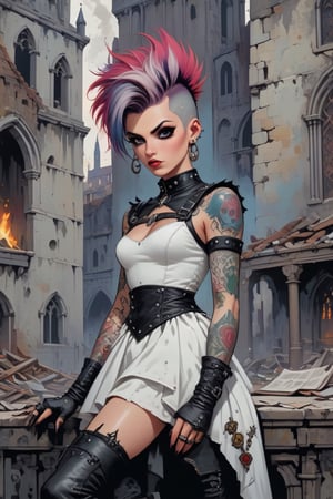 vintage comic book illustration of a portrait of a Punk Bride woman at a dystopian castle, wearing a white medieval bride dress, wearing black boots, with a ring in the nose, only one woman, pierced body, with crest of many colors punk style hair, tattooed  body, church in background, sexy body, detailed gorgeous face, Showing small breast under the suit, Full body, apocalyptic environment,  exquisite detail,  30-megapixel, 4k, Flat vector art, Vector illustration, Illustration, ,,,<lora:659095807385103906:1.0>,<lora:659095807385103906:1.0>