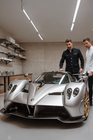 Create a captivating image portraying ((Leonardo da Vinci)) within a contemporary Pagani Zonda car assembly atelier. Leonardo is wearing his Reinassance's clothing, Showcase da Vinci as he examines the vehicle and shares his insights with the modern engineers. Capture the blend of Renaissance brilliance and state-of-the-art automotive technology in this imagined historical moment. Deliver the image in the style of a movie still, with RAW photo format, full sharpness, and intricate facial details (highly detailed skin: 1.2). Ensure an 8k UHD resolution, shot with a DSLR and featuring soft lighting for a high-quality appearance. Incorporate a subtle film grain effect reminiscent of Fuji-film XT3s cameras