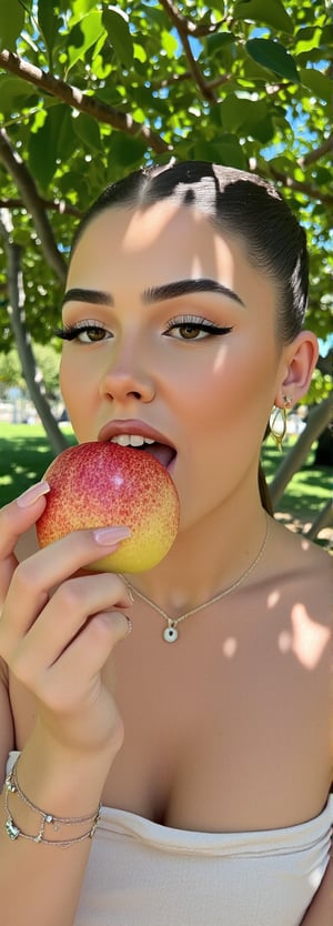 She is Eva eating the apple from the tree of life in paradise 