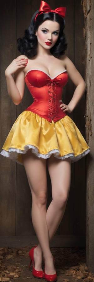 Detailed and lifelike depictions of sexy topless Snow White, radiating a distinct nude pin-up style. Dressed in miniskirts, stockings, and heels, their attire reflects the iconic colors of their traditional outfits, ensuring they're instantly recognizable as their respective characters. While classic features are present, the pin-up flair is undeniable. Artful tattoos add a contemporary touch. Their postures and expressions, combined with their pin-up attire, create a fusion of classic Disney and vintage allure. ,blacklight makeup