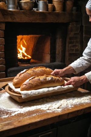 Certainly! Here’s a detailed prompt to create an image that illustrates the traditional process of making French baguettes in a wood-fired oven:

---

"Create a detailed and enchanting illustration that captures the traditional process of making French baguettes, highlighting the use of a wood-fired oven. The scene should flow from left to right, set in a cozy, rustic French bakery with warm, inviting lighting and rich textures:

1. **Mixing the Dough:** Start with a scene inside a charming French bakery’s kitchen. Show a baker measuring and mixing simple ingredients: flour, water, yeast, and salt, in a large wooden bowl. Highlight the smooth, elastic dough being kneaded by hand on a floured wooden countertop. Include bags of flour, jars of yeast, and rustic baking tools around the workspace.

2. **First Fermentation (Bulk Fermentation):** Illustrate the dough resting in large, covered bowls or containers, undergoing its first rise. Capture the dough doubling in size, becoming airy and bubbly. Place these bowls on a warm, wooden table with a nearby window letting in soft, natural light.

3. **Shaping the Baguettes:** Show the baker dividing the risen dough into individual portions and skillfully shaping each into long, slender baguettes. Highlight the precise and practiced movements of the baker as they roll and stretch the dough on a floured surface. Include details like the rough texture of the wooden workbench and the dusting of flour on the baker's hands and apron.

4. **Second Fermentation (Proofing):** Depict the shaped baguettes resting on linen-lined proofing boards or 'couche' for their final rise. The baguettes should be nestled side by side, covered with a cloth to prevent drying. Show them becoming slightly puffy and ready for baking.

5. **Preparing the Wood-Fired Oven:** Visualize the traditional wood-fired oven glowing with heat. Show the baker tending to the fire, adding logs, and ensuring the oven is at the perfect temperature. Capture the rustic, brick interior of the oven, with embers glowing and smoke gently wafting up the chimney.

6. **Scoring and Baking:** Illustrate the baker using a 'lame' (a small, sharp blade) to make diagonal slashes on the tops of the proofed baguettes, creating the classic baguette scoring pattern. Then, depict the baker sliding the baguettes into the wood-fired oven using a long wooden peel. Show the golden baguettes baking, with their crusts crisping and browning in the radiant heat of the oven.

7. **Cooling and Display:** Conclude with a scene of the freshly baked baguettes cooling on a wooden rack. Show the baker arranging them in a rustic basket or on a wooden counter for display. Capture the golden, crusty exterior, the steam rising as they cool, and the inviting aroma filling the bakery. Include elements like a chalkboard menu, rustic shelves, and other baked goods to complete the cozy ambiance.

Use warm, earthy tones and detailed textures to bring each stage to life, from the flour-dusted countertops to the crackling fire in the wood oven. Each stage should be clearly labeled to guide the viewer through the artisanal process of baking French baguettes."

---

This prompt should vividly capture the traditional, artisanal process of making French baguettes, focusing on the rustic charm and warmth of a wood-fired bakery.