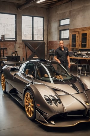 Create a captivating image portraying ((Leonardo da Vinci)) within a contemporary Pagani Zonda car assembly atelier. Showcase da Vinci as he examines the vehicle and shares his insights with the engineers. Capture the blend of Renaissance brilliance and state-of-the-art automotive technology in this imagined historical moment. Deliver the image in the style of a movie still, with RAW photo format, full sharpness, and intricate facial details (highly detailed skin: 1.2). Ensure an 8k UHD resolution, shot with a DSLR and featuring soft lighting for a high-quality appearance. Incorporate a subtle film grain effect reminiscent of Fuji-film XT3s cameras