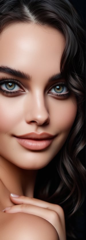 Close-up shot of a stunning woman, posing seductively in front of a sleek black background. Her piercing eyes gaze directly into the camera, her full lips curled into a sly smile. Her hair is styled in luscious waves framing her flawless face, with a subtle hint of smoky eye makeup adding to her sultry charm.