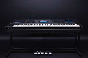 Masterpiece, highly detailed 88 keys E-MU EMAX 2023 synthesizer, 3 monitor screens to display the plugins and visualize the music, screenscyberpunk style,photo r3al