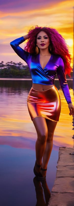 Warm golden light spills across the Paraná River's calm waters, illuminating the tranquil scene. Cumbia singer, fiery locks aflame, strides confidently along the shoreline, shimmering concert attire radiating her stage presence. Legs extended towards the horizon, she strikes a sassy pose as the sky transitions into a vibrant kaleidoscope of orange, pink, and purple hues.