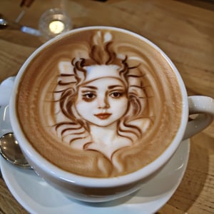 Highly detailed, High Quality, Masterpiece, beautiful, coffee, latte, LatteArt, food art, 1girl, naked girl, big_boobies,blurry_light_background