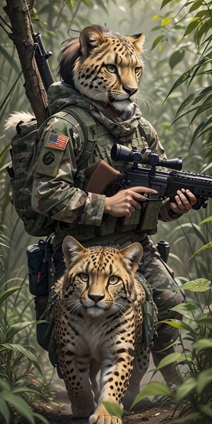 An army sniper duo with a cheetah as the shooter and a Lion as the spooter, hunting in the african sabana, blending camouflage with the surroundings, comic style, funny, cartoonish,Animal