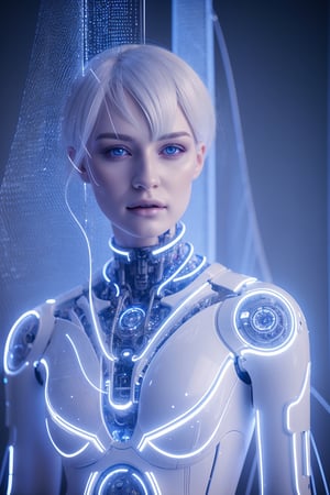  A porcelain cyborg with wispy white hair and skin etched with complex algorithms sits meditating in a hidden network tunnel. Their cybernetic fingers dance across holographic threads, manipulating data streams with ethereal grace. (cinematic, mystical, detailed)
,porcelain_art,photorealistic,Masterpiece