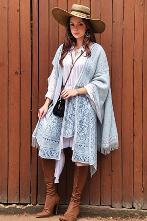 Inthe style of Milo Manara, a detailed portrait of Beautiful Argentina traditional gaucho girl shot, intricately detailed silver alpaca accesories, brown hat, full body, long brown hair, on a Buenos Aires Estancia