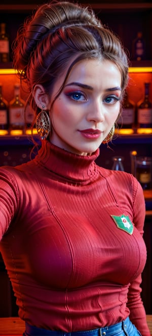 photo of extremely sexy italian woman, a sexy student, closeup portrait upsweep updo, (red tight long sleeve turtleneck top), at a bar, masterpiece, photorealistic, best quality, detailed skin, intricate, 8k, HDR, cinematic lighting, sharp focus, eyeliner, painted lips, earrings, extremely sexy seductive blue eyes, perfect