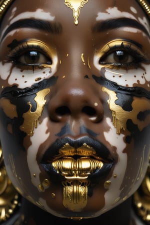 (Rorschach:0.5) Editorial Photography, Extreme Close Up Female Face, Black Skinned Goddess, Neo Tribal Art, Bokeh, fuul body, (Golden Lips:1.2),Vitiligo