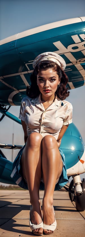 Exquisite facial features radiate from the perfect face of a stunning 1-girl solo Pin-Up. Set against a brilliant blue sky with puffy clouds, she sits barefoot in her military uniform, complete with hat and skirt, as if emerging from an aircraft. A sailor's cover adorns the back of her uniform, while a pilot's cap rests on her knee. The propeller of the airplane spins softly in the background, drawing focus to this masterpiece of digital artistry, rendered in exquisite detail for an 8K wallpaper.