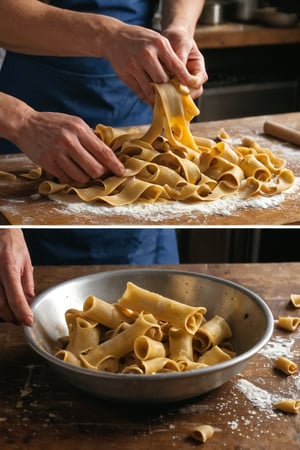 Create a vibrant and detailed illustration showcasing a variety of traditional pasta types. The scene should be set in a cozy Italian kitchen or a rustic pasta workshop, filled with the rich cultural ambiance of Italy. Highlight each type of pasta with clear visual representation, from the preparation of the dough to the final shapes. Include both common and unique pasta varieties, showcasing their distinct characteristics and origins:

1. **Pasta Dough Preparation:** Begin with a scene of a cook preparing the pasta dough. Show a wooden workbench dusted with flour, where ingredients like eggs, flour, and water are being mixed and kneaded into a smooth, elastic dough. Capture the hands-on process of kneading the dough, the rich, golden color of the mixture, and the tools used, such as a rolling pin and a pasta cutter.

2. **Sheet Pasta (Fettuccine and Lasagna):** Illustrate the process of rolling out the dough into thin sheets. Show the dough being fed through a pasta machine or rolled out by hand into long, even sheets. Highlight the process of cutting these sheets into fettuccine ribbons and wide lasagna strips. Display the fettuccine arranged in neat nests and lasagna sheets laid flat, ready for cooking or drying.

3. **Ribbon Pasta (Tagliatelle and Pappardelle):** Visualize the rolling and cutting of pasta into wider ribbons. Show tagliatelle, slightly narrower, and pappardelle, broader and thicker. Include details of the pasta being dusted with flour to prevent sticking and neatly coiled into bundles. Capture the subtle differences in width and texture between these types.

4. **Tube Pasta (Penne and Rigatoni):** Depict the shaping of tubular pasta using a pasta extruder or by hand. Show the process of forming penne with their diagonal cuts and ridged surface, and rigatoni with their wider diameter and straight cuts. Display these pasta types in a bowl, highlighting their ability to hold sauce inside their ridges and hollow centers.

5. **Stuffed Pasta (Ravioli and Tortellini):** Illustrate the process of making stuffed pasta. Show small squares of dough being filled with mixtures like ricotta, spinach, or meat for ravioli. Capture the folding and sealing of the dough into neat parcels. For tortellini, depict the dough being wrapped around the filling and twisted into ring shapes. Include the process of crimping the edges to seal the fillings inside.

6. **Shaped Pasta (Fusilli and Farfalle):** Visualize the creation of shaped pasta. Show fusilli being twisted into spiral shapes using a special tool or by hand. For farfalle, depict the cutting of small rectangles of dough and pinching them in the center to create bow-tie shapes. Highlight the intricate details and playful forms of these pastas.

7. **Long Pasta (Spaghetti and Linguine):** Depict the making of long, thin pasta strands. Show spaghetti being stretched and cut into uniform lengths. Illustrate the slight flatness of linguine, with its edges slightly thicker than the middle. Display these pastas hanging to dry on a drying rack or coiled into nests.

8. **Specialty Pasta (Orecchiette and Cavatelli):** Conclude with unique regional pasta types. Show orecchiette, small ear-shaped pasta, being formed by pressing with the thumb or a special tool. Illustrate cavatelli, small rolled pasta with a hollow center, created by rolling pieces of dough with fingers. Highlight the distinctive shapes and textures that make these pastas stand out.

9. **Cultural Ambiance and Surroundings:** Add a backdrop that reflects the warm, inviting atmosphere of Italian cuisine. Include details like baskets of fresh ingredients (tomatoes, basil, garlic), a rolling pin, a pasta drying rack, and a cozy kitchen setting with rustic wooden shelves and hanging herbs. Capture the essence of Italian culinary tradition and the joy of handmade pasta.

Use warm, earthy tones and detailed textures to bring each type of pasta to life, from the smooth, golden dough to the intricate, finished shapes. Each type should be clearly labeled to guide the viewer through the variety of pasta styles and the craftsmanship involved in their creation.
This prompt should provide a vivid and engaging depiction of various pasta types, showcasing their unique forms and the artisanal process behind each one, set in a charming Italian kitchen environment.