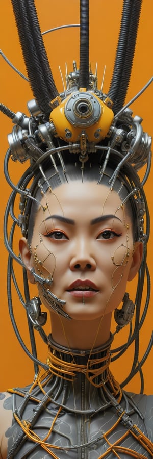 profile front Photography, in front of a orange wall, an asian cyborg woman head without body, silly smile, crazy eyes gesture, connected by cables, twisted cables and wires and LED, atractive eyes body punk PLC Robots with silver motor head, with ray guns, 80 degree view, art by Sergio Lopez, Natalie Shau, James Jean and Salvador Dali, (yellow background:1.2),Digital_Madness