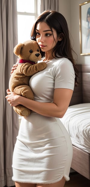 In a softly lit bedroom adorned with pastel colors and delicate decor, envision an extraordinary scene that juxtaposes an incredibly muscular woman with an angelic face. This formidable figure, displaying remarkable strength and power, stands amidst an atmosphere of innocence, holding a Paw Patrol dog tenderly in her massive arms. The room is filled with gentle hues, plush toys, and delicate furnishings, creating a striking visual contrast between the imposing physique of the woman and the sweet, childlike elements surrounding her. Explore the intricate balance between her formidable strength and the softness exuded by the angelic features and the presence of the teddy bear. Capture the essence of this paradoxical moment where raw power intersects with vulnerability in a captivating and thought-provoking image. 