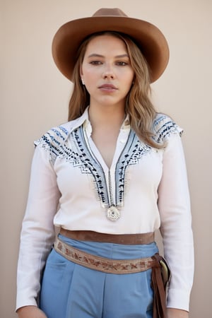Detailed portrait of Beautiful Argentina traditional gaucho girl shot, intricately detailed silver alpaca accesories, brown hat, full body, long brown hair, on Hasselblad 501c three point lighting Sci-Fi atmosphere, MadeClinev001, scarlett johansson, OHWX