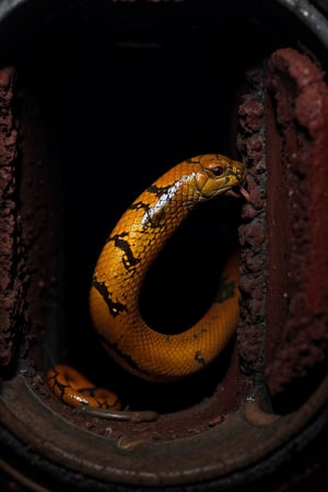 A slimy cobra snake with bio-luminescence hairs, moves through the moldy surface of a New York sewer line emitting electrical charges through its skin. Dimmed lights.