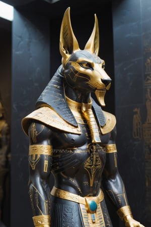 Masterpiece sculpture of Anubis "God of Death" in a futuristic reinterpretation, avant-Egyptian, The Monumental god figure is immensely complex and futuristic. Sculpted in black granite with an ultra smooth finish and gold inlays, modular, sacred hieroglyphs. Dark background with projected dim Egyptian symbology made of light. Grand and sober. Portrait shot, center focus, laser-cut, hyper-detail, Sci-fy, futuristic-avant-Egyptian. --no mockup, bad anatomy, text, signature, watermark, username, low resolution, worst quality, low quality, jpeg artefacts, blurry, cropped, badly framed