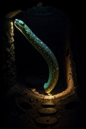 A slimy creature mixed with cobra snake with bio-luminescence hairs, moves through the moldy surface of a New York sewer line at summer season, emitting electrical charges through its skin. Dimmed lights.