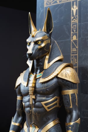 Masterpiece sculpture of Anubis "God of Death" in a futuristic reinterpretation, avant-Egyptian, The Monumental god figure is immensely complex and futuristic. Sculpted in black granite with an ultra smooth finish and gold inlays, modular, sacred hieroglyphs. Dark background with projected dim Egyptian symbology made of light. Grand and sober. Portrait shot, center focus, laser-cut, hyper-detail, Sci-fy, futuristic-avant-Egyptian. --no mockup, bad anatomy, text, signature, watermark, username, low resolution, worst quality, low quality, jpeg artefacts, blurry, cropped, badly framed