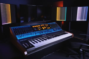 photo r3al, photorealistic, masterpiece, hyperdetailed photography of a 88 keys E-MU EMAX 2023 concept synthesizer, 3 monitors screens to display the plugins and visualize the music, recording studio atmosphere,best quality, 8k UHD, 8k, ultra quality, ultra detailed, LED lights,photo r3al