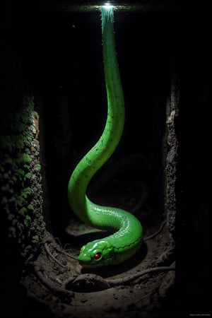 A slimy creature mixed with cobra snake with bio-luminescence hairs, moves through the moldy surface of a New York sewer line at summer season, emitting electrical charges through its skin. Dimmed lights.