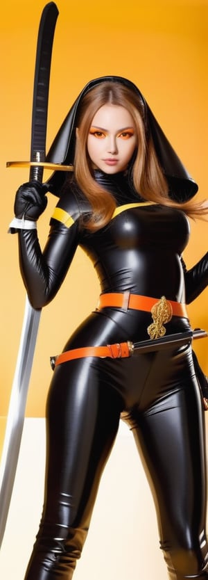 1girl,sexy,latex, thight,  solo, long hair, looking at viewer, , simple background, gloves, long sleeves, sitting, closed mouth, weapon, pointy ears, belt, sword, orange eyes, wariza, katana, sheath, yellow background, pouch, sheathed, orange background, nun, habit, scabbard, weapon on back