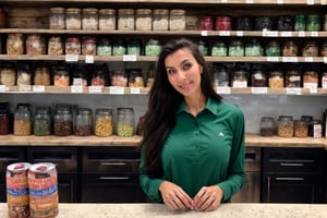  fairytale, 29 year old, straight long black hair, huge tits, extremely cute Mexican woman, (((behind the counter of a little town rustic store))), background of shelves full of food cans,( (two glass shelves one on each side of her,  on top of the counter filled with candies)), she wears a long sleeve green Abercrombie shirt and jeans, she leans towards the counter letting the observer see her nice tits, low intensity lights on the store