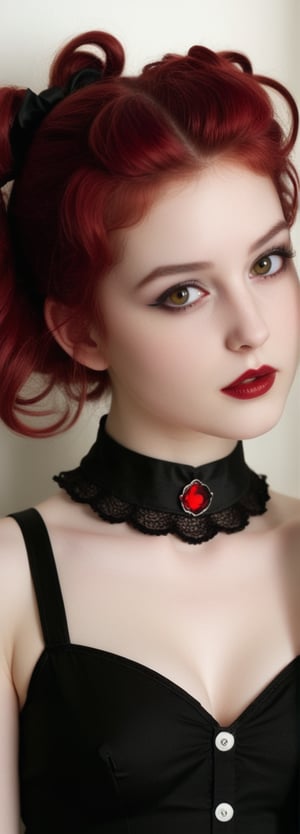 Anna Galiena, wavy hair, inspired beauty: A soft-lit photo captures a stunning goth girl with vibrant hair styled in twin tails. Her porcelain-pale complexion glows with a subtle radiance, accentuating her striking features and plump red lips. A delicate choker adorns her neck as she flashes a radiant smile, (((showcasing her luscious underboob and navel))). Framed by the warm glow of daylight, this maid-inspired fantasy oozes sensuality and allure, scoring a 9/10 for its captivating blend of darkness and beauty.