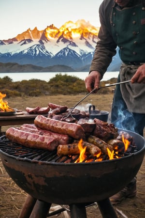 Absolutely! Here’s a detailed prompt to create an image that illustrates the traditional process of preparing and enjoying a Patagonia barbecue, known as "Asado":

---

"Create a richly detailed and vibrant illustration that captures the traditional process of preparing and enjoying a Patagonia barbecue, or 'Asado.' The scene should progress from left to right, set in the stunning Patagonian landscape with open plains, mountains, and a rustic outdoor setting:

1. **Preparing the Fire:** Begin with a scene in an open outdoor setting where the fire is being prepared. Show a large, rustic fire pit with logs and kindling arranged carefully to build a strong, lasting fire. Include a 'parrilla' (grill) setup with metal grates and a spit. The background should feature the breathtaking Patagonian landscape with mountains, open skies, and possibly a distant lake or river.

2. **Selecting and Preparing the Meat:** Illustrate a group of gauchos (Patagonian cowboys) or cooks selecting and preparing large cuts of meat. Show them seasoning beef ribs, lamb, sausages, and other traditional meats with coarse salt and spices. Capture the variety and abundance of meats typical of an Asado, with rich, marbled textures and rustic preparation tools like wooden cutting boards and sharp knives.

3. **Cooking on the Parrilla:** Visualize the meat being placed on the 'parrilla' over the glowing coals. Show the slow, deliberate cooking process with meats sizzling and browning as they roast. Highlight the traditional method of cooking lamb on a cross-shaped spit ('asador') angled over the fire, slowly turning and dripping with juices. Include the smoke rising and the golden, crisping edges of the meat.

4. **Cooking on the Grill:** Depict various cuts of meat and vegetables arranged on the grill, with flames licking up from the coals. Show sausages ('chorizos'), ribs ('costillas'), and other meats developing a charred, smoky crust. Include colorful bell peppers, onions, and corn being grilled alongside the meats, adding to the feast.

5. **Preparing Side Dishes and Sauces:** Illustrate a rustic table set nearby where traditional side dishes and sauces are being prepared. Show bowls of fresh salads, grilled vegetables, and the iconic 'chimichurri' sauce being mixed with herbs, garlic, and olive oil. Capture the rich, green hues of the chimichurri and the fresh, vibrant colors of the salads.

6. **Serving and Enjoying the Feast:** Transition to a communal dining scene where the cooked meats are being served. Show a large, rustic wooden table laden with the grilled meats, side dishes, and sauces. Include gauchos and guests eagerly filling their plates, raising glasses of red wine or local beverages in celebration. Emphasize the sense of community and festivity with people sharing stories and laughter around the table.

7. **Patagonian Landscape and Atmosphere:** Conclude with the overall ambiance of the setting. Include details of the Patagonian wilderness: a backdrop of majestic mountains, expansive skies, and maybe a glimpse of wildlife or horses grazing nearby. Highlight the warmth of the fire, the rustic charm of the gathering, and the serene beauty of the landscape.

Use warm, earthy tones and detailed textures to bring each stage to life, from the crackling fire and smoky meats to the rugged beauty of the Patagonian landscape. Each stage should be clearly labeled to guide the viewer through the traditional process and celebration of a Patagonia barbecue."

---

This prompt should vividly capture the traditional, communal, and scenic experience of a Patagonia barbecue, emphasizing both the culinary process and the stunning natural setting.