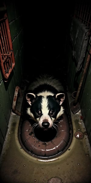 Los Angeles Sewer line, a mutated skunk adapted to live in the sewers, humid, moldy, dense atmosphere, dim lighting, the sunk eyes have a glowing to better see in the dark, aggressive, fast and scary, sharp teeth 