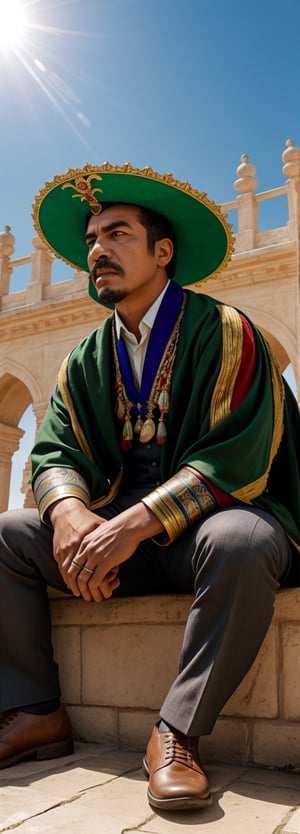 In a vibrant, sun-drenched Mexican landscape, Pancho Villa stands resolute in a reimagined Captain Americano suit, its bold colors of green, white, and red proudly on display. His hat, a fusion of  helmet and a traditional sombrero, rests atop his determined gaze. The Mexican eagle, devouring a serpent on his shield, symbolizes strength and resilience. Behind him, the rich cultural tapestry unfolds: vibrant textiles, colorful pottery, and ornate architecture blend harmoniously to amplify the scene's heroic and patriotic essence.,Detailedface,Muscle