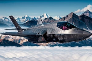 Realistic, in the style of a F-35, make a new military concept plane, flying low between the andes mountains, stealthtech 