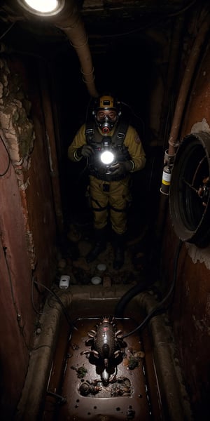 An inspector drone at Los Angeles Sewer line, using a Self Contained breathing apparatus, harnessed, hard hard, googles, gloves,  radio to communicate, flashlights, descending trough a sewer manhole using a harness line attached to a tripod into a giant vault, humid, water vapor, mold, dim lights, (((rats, cockroaches, feces)))