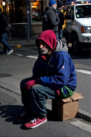 A Seattle homeless woman sitting on the sidewalk calls out to a man on the street asking: "Sir, can you help me?, It's cold and I've nowhere to sleep
Is there somewhere you can tell me?"
