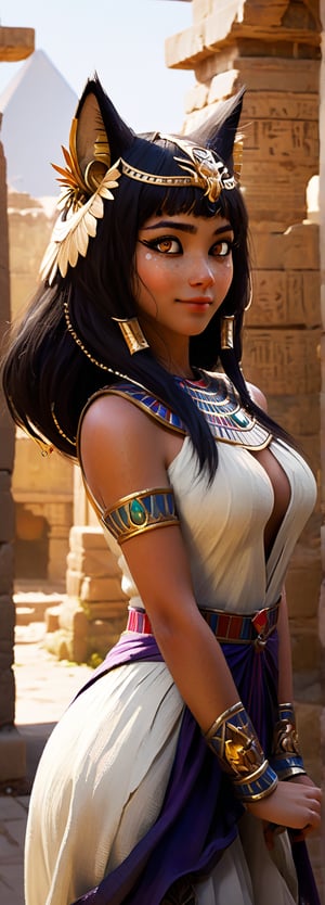 Majestic catgirl 'Meow' stands amidst ancient Egyptian ruins, circa 1st century BCE. Framed by crumbling stone walls and columns, warm golden light casts long shadows behind her. Her flowing black hair cascades down her back like a dark waterfall, complemented by delicate cat ears perched atop her head. Whiskers twitch as she smiles, playful mischief gleaming in her eyes. Freckles dance across her cheeks, adding whimsical charm amidst the ancient architecture and blooming lotus flowers.