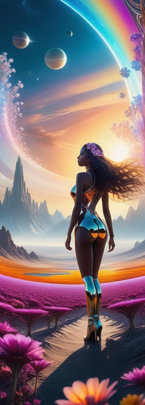 Ultra high definition rendering of a mesmerizing scene: A girl with gleaming chrome flowers woven into her hair stands tall on an otherworldly alien planet. Sunbeams dance across the metallic petals, illuminating intricate details as vibrant hues radiate from the fantasy environment. The expansive alien sky stretches behind her, filled with swirling clouds and a kaleidoscope of colors, transporting the viewer to a dreamlike realm where reality and fantasy blur.