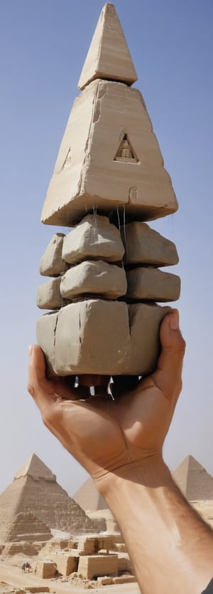 A soundwave machine attached to the hands of an Egyptian architect, moving a giant rock while building the pyramid