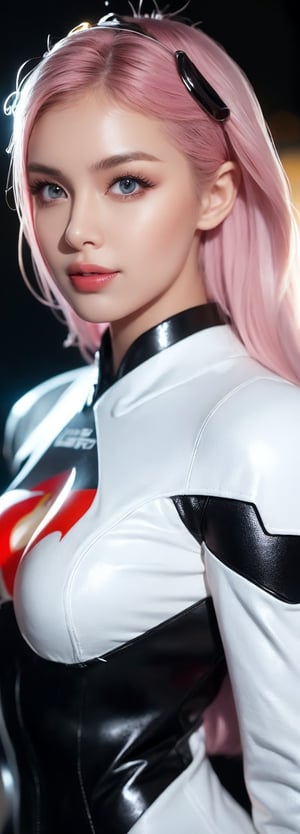 Best picture quality, high resolution, 8k, realistic, sharp focus, realistic image of elegant lady,  beauty, fashion model, beautiful face, cute, futuristic head gear, futuristic AI VR glasses, happy smile, pure white pink hair, blue eyes, wearing high-tech cyberpunk style red Batgirl suit, radiant Glow, sparkling suit, mecha, perfectly customized high-tech suit, fire theme, custom design, 1 girl,swordup, looking at viewer,alluring_lolita_girl,perfect light ,idol.,Hyper Realistic photo 