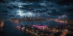 cyberpunk city, neon lights, buildings, scenery, cityscape, river, pedestrians, outdoor bars. Night scene, ultra realistic, highly detailed,black clouds,city silhouette,There is a lot of lightning everywhere in the city,10 lightning bolts,heavy rain