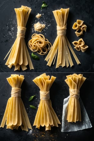 Create a vibrant and detailed illustration showcasing a variety of traditional pasta types. The scene should be set in a cozy Italian kitchen or a rustic pasta workshop, filled with the rich cultural ambiance of Italy. Highlight each type of pasta with clear visual representation, from the preparation of the dough to the final shapes. Include both common and unique pasta varieties, showcasing their distinct characteristics and origins:

1. **Pasta Dough Preparation:** Begin with a scene of a cook preparing the pasta dough. Show a wooden workbench dusted with flour, where ingredients like eggs, flour, and water are being mixed and kneaded into a smooth, elastic dough. Capture the hands-on process of kneading the dough, the rich, golden color of the mixture, and the tools used, such as a rolling pin and a pasta cutter.

2. **Sheet Pasta (Fettuccine and Lasagna):** Illustrate the process of rolling out the dough into thin sheets. Show the dough being fed through a pasta machine or rolled out by hand into long, even sheets. Highlight the process of cutting these sheets into fettuccine ribbons and wide lasagna strips. Display the fettuccine arranged in neat nests and lasagna sheets laid flat, ready for cooking or drying.

3. **Ribbon Pasta (Tagliatelle and Pappardelle):** Visualize the rolling and cutting of pasta into wider ribbons. Show tagliatelle, slightly narrower, and pappardelle, broader and thicker. Include details of the pasta being dusted with flour to prevent sticking and neatly coiled into bundles. Capture the subtle differences in width and texture between these types.

4. **Tube Pasta (Penne and Rigatoni):** Depict the shaping of tubular pasta using a pasta extruder or by hand. Show the process of forming penne with their diagonal cuts and ridged surface, and rigatoni with their wider diameter and straight cuts. Display these pasta types in a bowl, highlighting their ability to hold sauce inside their ridges and hollow centers.

5. **Stuffed Pasta (Ravioli and Tortellini):** Illustrate the process of making stuffed pasta. Show small squares of dough being filled with mixtures like ricotta, spinach, or meat for ravioli. Capture the folding and sealing of the dough into neat parcels. For tortellini, depict the dough being wrapped around the filling and twisted into ring shapes. Include the process of crimping the edges to seal the fillings inside.

6. **Shaped Pasta (Fusilli and Farfalle):** Visualize the creation of shaped pasta. Show fusilli being twisted into spiral shapes using a special tool or by hand. For farfalle, depict the cutting of small rectangles of dough and pinching them in the center to create bow-tie shapes. Highlight the intricate details and playful forms of these pastas.

7. **Long Pasta (Spaghetti and Linguine):** Depict the making of long, thin pasta strands. Show spaghetti being stretched and cut into uniform lengths. Illustrate the slight flatness of linguine, with its edges slightly thicker than the middle. Display these pastas hanging to dry on a drying rack or coiled into nests.

8. **Specialty Pasta (Orecchiette and Cavatelli):** Conclude with unique regional pasta types. Show orecchiette, small ear-shaped pasta, being formed by pressing with the thumb or a special tool. Illustrate cavatelli, small rolled pasta with a hollow center, created by rolling pieces of dough with fingers. Highlight the distinctive shapes and textures that make these pastas stand out.

9. **Cultural Ambiance and Surroundings:** Add a backdrop that reflects the warm, inviting atmosphere of Italian cuisine. Include details like baskets of fresh ingredients (tomatoes, basil, garlic), a rolling pin, a pasta drying rack, and a cozy kitchen setting with rustic wooden shelves and hanging herbs. Capture the essence of Italian culinary tradition and the joy of handmade pasta.

Use warm, earthy tones and detailed textures to bring each type of pasta to life, from the smooth, golden dough to the intricate, finished shapes. Each type should be clearly labeled to guide the viewer through the variety of pasta styles and the craftsmanship involved in their creation.
This prompt should provide a vivid and engaging depiction of various pasta types, showcasing their unique forms and the artisanal process behind each one, set in a charming Italian kitchen environment.