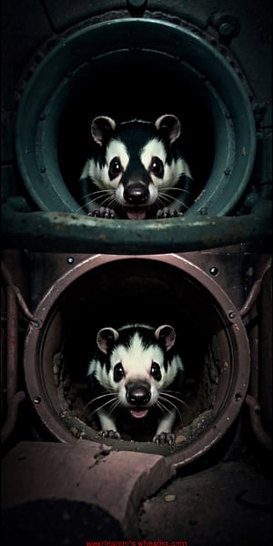 Los Angeles Sewer line, a mutated skunk adapted to live in the sewers, humid, moldy, dense atmosphere, dim lighting, the sunk eyes have a glowing to better see in the dark, aggressive, fast and scary, sharp teeth 