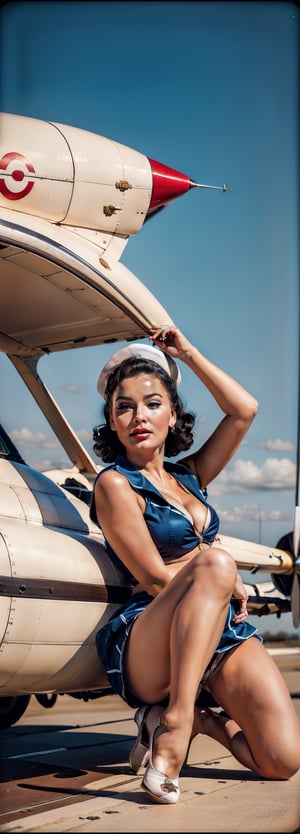 Exquisite facial features radiate from the perfect face of a stunning 1-girl solo Pin-Up. Set against a brilliant blue sky with puffy clouds, she sits barefoot in her military uniform, complete with hat and skirt, as if emerging from an aircraft. A sailor's cover adorns the back of her uniform, while a pilot's cap rests on her knee. The propeller of the airplane spins softly in the background, drawing focus to this masterpiece of digital artistry, rendered in exquisite detail for an 8K wallpaper.