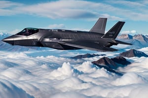 Realistic, in the style of a F-35, make a new military concept plane, flying very low between the andes mountains, stealthtech 