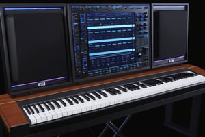 photo r3al, photorealistic, masterpiece, hyperdetailed photography of a 88 keys E-MU EMAX 2023 concept synthesizer, 3 monitors screens to display the plugins and visualize the music, recording studio atmosphere,best quality, 8k UHD, 8k, ultra quality, ultra detailed, LED lights,photo r3al
