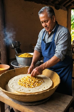 Create a detailed and vibrant illustration capturing the traditional process of making corn tortillas on a 'comal' in a rural Mexican setting. The scene should progress from left to right, set in a warm, inviting kitchen or outdoor area surrounded by the rich cultural elements of Mexico. Each stage should highlight the artisanal craftsmanship and vibrant atmosphere:

1. **Harvesting and Preparing Corn:** Begin with a scene in a sunlit cornfield where farmers are harvesting ripe ears of corn. Show the vibrant yellow and green hues of the corn, with workers picking and collecting the cobs in woven baskets. In a nearby area, depict the process of drying the corn kernels, ready to be used for masa.

2. **Nixtamalization:** Illustrate the traditional process of nixtamalization, where dried corn kernels are soaked and cooked in an alkaline solution, usually limewater. Show a large pot over an open flame with corn boiling and a worker stirring the pot. Highlight the transformation of the kernels as they soften and their husks begin to loosen.

3. **Grinding the Corn:** Depict the nixtamalized corn being ground into masa using a traditional stone 'metate' or a manual grinder. Show a worker skillfully grinding the corn to a fine, smooth dough, emphasizing the rich, earthy texture of the masa. Include details like the intricate patterns on the metate and the rhythmic motion of the grinding process.

4. **Shaping the Tortillas:** Visualize the masa being divided into small balls and flattened into tortillas using a hand-operated tortilla press or by patting them between hands. Show a cook pressing the masa balls into thin, round tortillas on a wooden press or using their hands with dexterous skill. Capture the smooth, even surfaces of the freshly shaped tortillas.

5. **Cooking on the Comal:** Illustrate the tortillas being cooked on a traditional 'comal', a flat, round griddle made of clay or metal. Show the tortillas puffing up as they cook, with golden-brown spots forming on their surfaces. Include the gentle smoke rising from the comal and the rustic setting of an open-fire or wood-fired stove.

6. **Serving and Enjoying:** Transition to a vibrant scene of freshly cooked tortillas being served. Show a family or group of people gathered around a rustic table, enjoying the warm, steaming tortillas. Include traditional accompaniments like beans, salsa, fresh herbs, and grilled meats. Highlight the convivial atmosphere and the communal sharing of food.

7. **Cultural Ambiance:** Conclude with a backdrop that reflects the rich cultural heritage of Mexico. Include elements like colorful pottery, woven textiles, and decorative tiles. The setting could be in a cozy kitchen with warm adobe walls or an outdoor patio with lush greenery and bright flowers. Capture the essence of Mexican hospitality and tradition.

Use warm, earthy tones and detailed textures to bring each stage to life, from the golden corn kernels to the rustic comal and the lively dining scene. Each stage should be clearly labeled to guide the viewer through the artisanal process of making corn tortillas.
This prompt should vividly capture the traditional and cultural richness of making corn tortillas in Mexico, highlighting both the detailed craftsmanship and the vibrant communal experience.