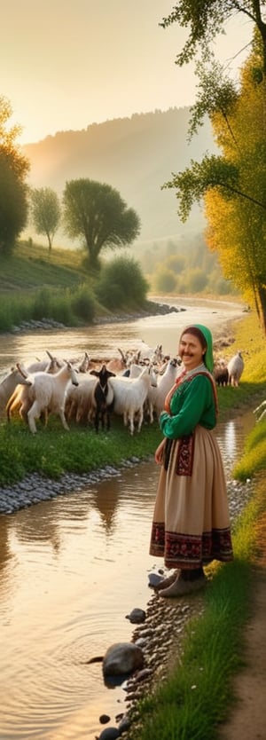 A serene rural Bulgarian scene unfolds as a young woman, clad in traditional peasant attire and radiating a warm smile, leads her flock of goats along the riverbank at dawn. The soft golden light of early morning casts a gentle glow on the lush green surroundings, accentuating the rustic beauty of the landscape.